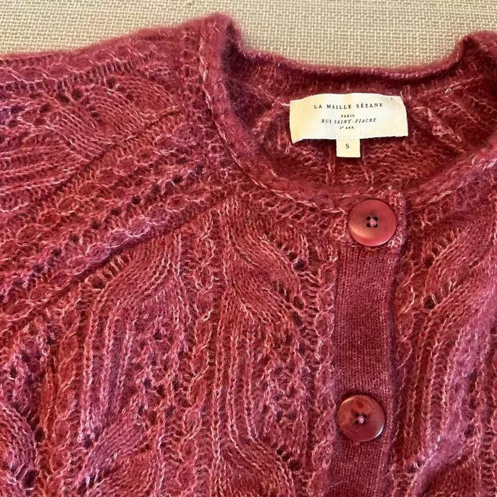 BEST Sezane Alma Cardigan Small Rosewood Pink Kid Mohair Sweater Knit French - Picture 7 of 11